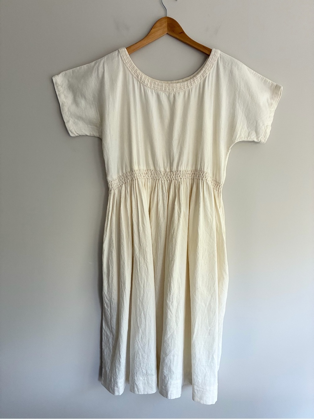 Indi +Ash Nova Cream Short Sleeve Smocked-Waist Undyed Cotton Midi Dress Medium